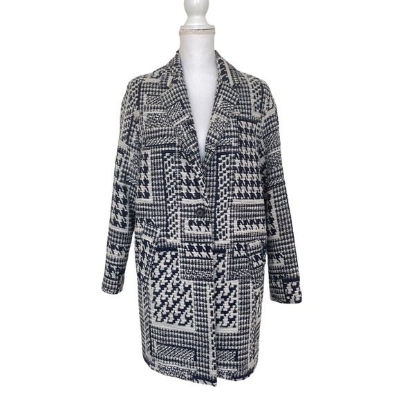 Zara Houndstooth Navy Wool Blend Coat - Picture 3 of 14